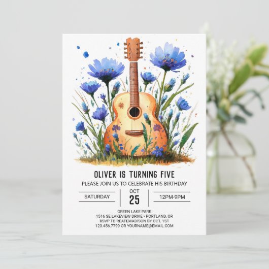 Watercolor Chord Guitar Boy Birthday Einladung (Stehend Vorderseite)