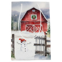 Watercolor Christmas Barn With Snowman
