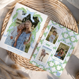 Watercolor Christmas Blue Bow Garland Foto Feiertagskarte