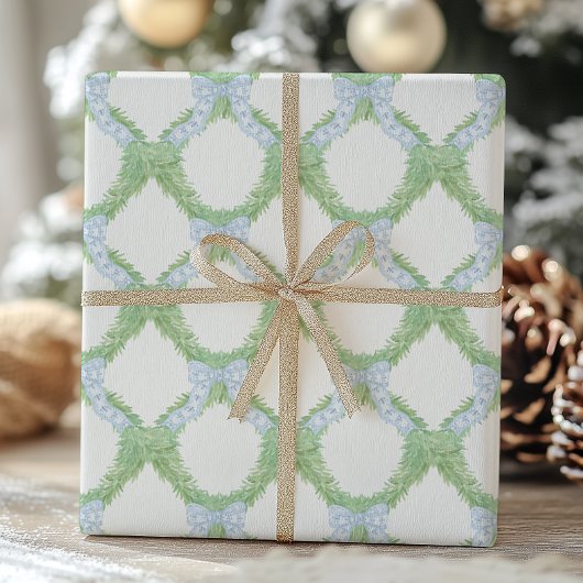 Watercolor Christmas Blue Bow Garland Geschenkpapier