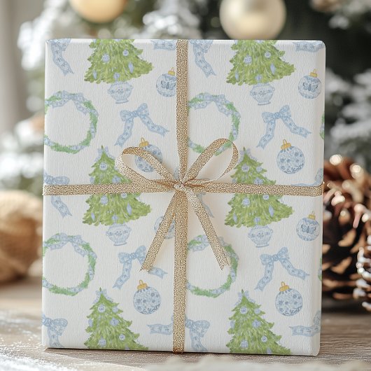 Watercolor Christmas Blue Bow Ginger Jar Trees Geschenkpapier