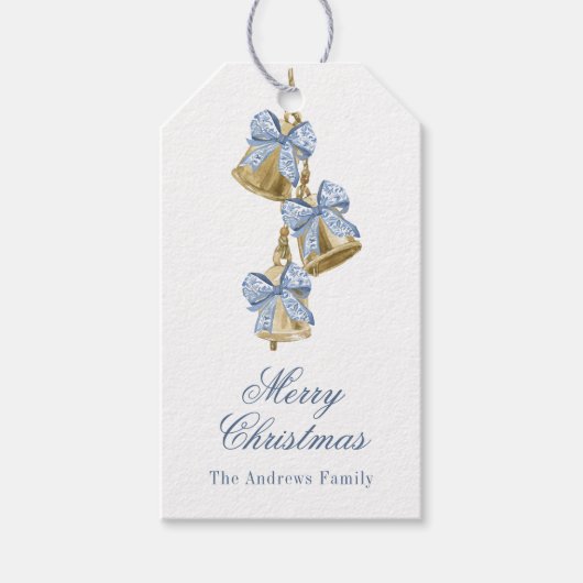 Watercolor Christmas Blue Chinoiserie Bow Bells Geschenkanhänger (Vorderseite)