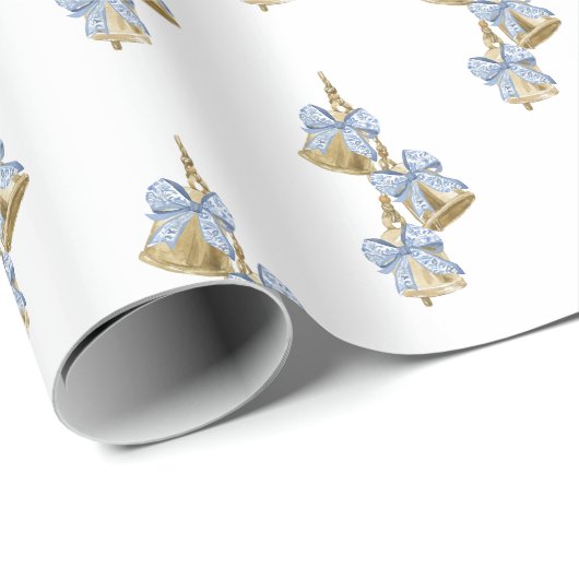 Watercolor Christmas Blue Chinoiserie Bow Bells Geschenkpapier (Rolleneckpunkt)