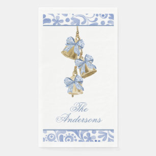 Watercolor Christmas Blue Chinoiserie Bow Bells Serviette