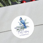 Watercolor Christmas Blue Jay Winter Holiday Runder Aufkleber<br><div class="desc">Nutzen Sie diese wunderschönen,  schneebedeckten personalisierten Weihnachtsaufkleber als Siegel oder als Urlaubsgeschenke mit einer wunderschönen Aquarellblauen Jay,  die auf einem schneebedeckten Kiefernzweig mit blauen Beeren verziert ist.</div>