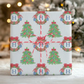 Watercolor Christmas Football Monogram Wreath Tree Geschenkpapier
