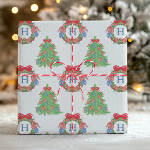 Watercolor Christmas Football Monogram Wreath Tree Geschenkpapier