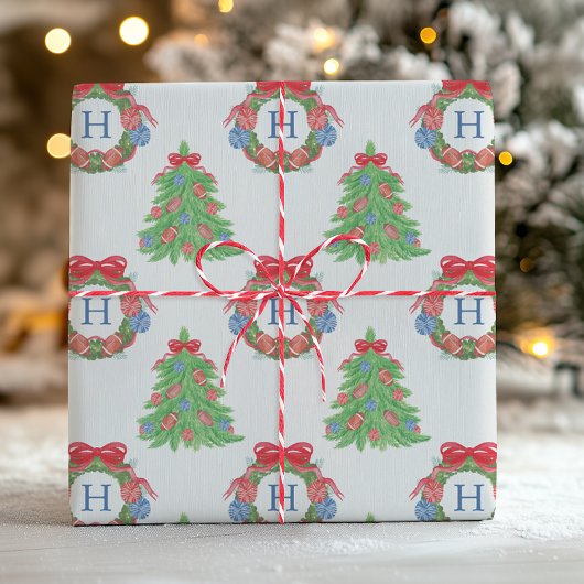 Watercolor Christmas Football Monogram Wreath Tree Geschenkpapier