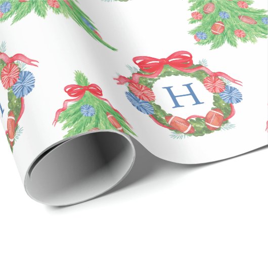 Watercolor Christmas Football Monogram Wreath Tree Geschenkpapier (Rolleneckpunkt)
