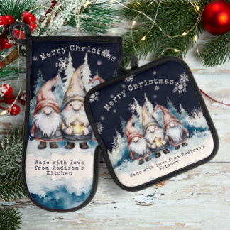 Watercolor Christmas Gnomes Personalized Ofenhandschuh & Topflappen-Set