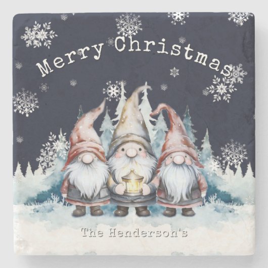Watercolor Christmas Gnomes Personalized Steinuntersetzer (Vorderseite)