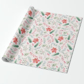 Watercolor Christmas Green Red Florins Off White Geschenkpapier (Ungerollt)