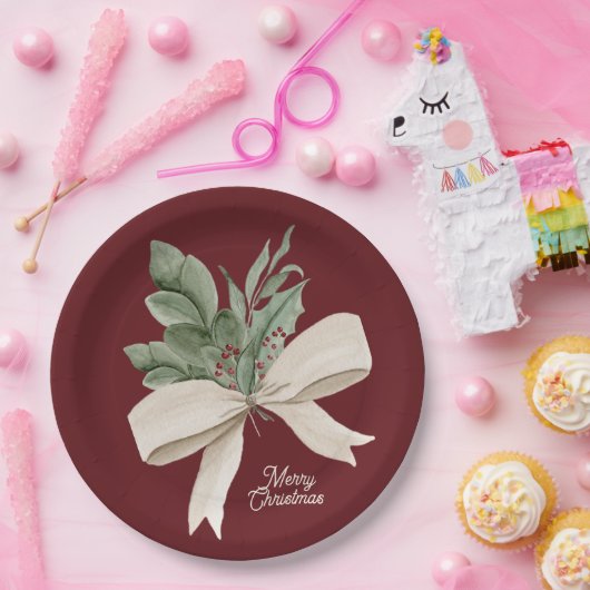 Watercolor Christmas Greenery Personalized Pappteller (Party)