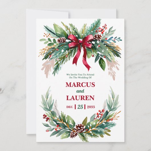 Watercolor Christmas Greenery Wedding Invitation Einladung (Vorderseite)