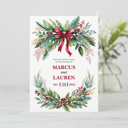 Watercolor Christmas Greenery Wedding Invitation Einladung (Stehend Vorderseite)