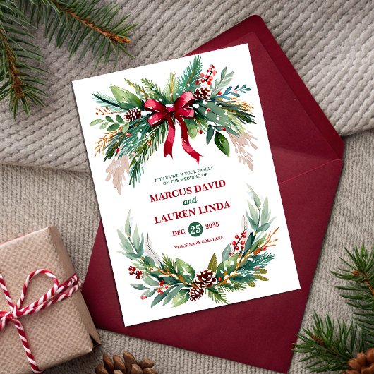 Watercolor Christmas Greenery Wedding Invitation Einladung
