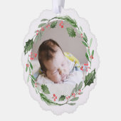 Watercolor Christmas Greenery Wreath Baby Foto Ornament Karte (Links)