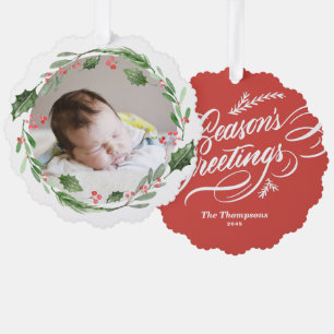 Watercolor Christmas Greenery Wreath Baby Foto Ornament Karte