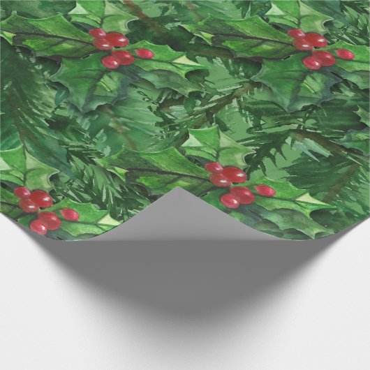 Watercolor Christmas Holly Berries Geschenkpapier (Ecke)
