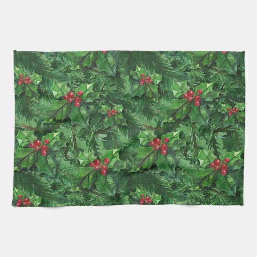 Watercolor Christmas Holly Berries Geschirrtuch (Horizontal)