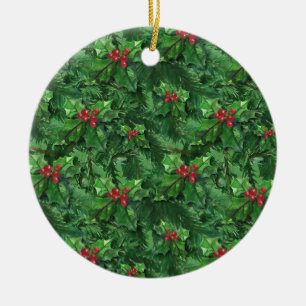 Watercolor Christmas Holly Berries Keramik Ornament