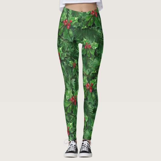 Watercolor Christmas Holly Berries Leggings (Vorderseite)