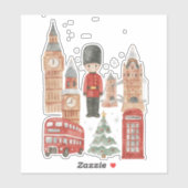 Watercolor Christmas in London Red Bus, Big Ben Aufkleber (Blatt)