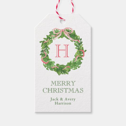 Watercolor Christmas Monogram Strike Bow Wreath Geschenkanhänger (Vorderseite)