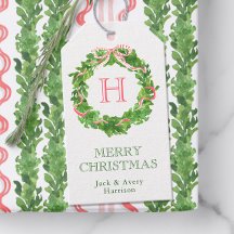 Watercolor Christmas Monogram Strike Bow Wreath