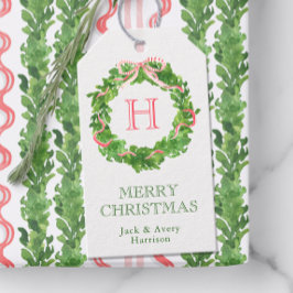 Watercolor Christmas Monogram Strike Bow Wreath Geschenkanhänger