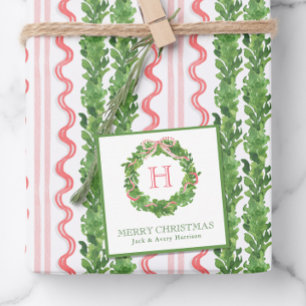 Watercolor Christmas Monogram Strike Bow Wreath Mitteilungskarte