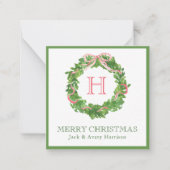 Watercolor Christmas Monogram Strike Bow Wreath Mitteilungskarte (Vorderseite)