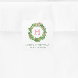 Watercolor Christmas Monogram Strike Bow Wreath Quadratischer Aufkleber