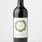 Watercolor Christmas Monogram Strike Bow Wreath Weinetikett