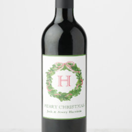 Watercolor Christmas Monogram Strike Bow Wreath Weinetikett