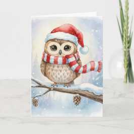 Watercolor Christmas Owl In a Santa Hat Karte
