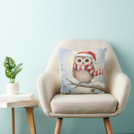 Watercolor Christmas Owl In a Santa Hat Kissen