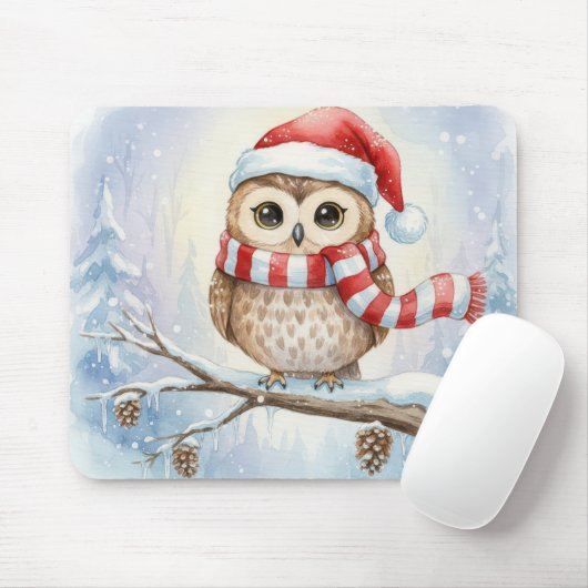 Watercolor Christmas Owl In a Santa Hat Mousepad (Mit Mouse)