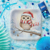 Watercolor Christmas Owl In a Santa Hat Pappteller (Party)