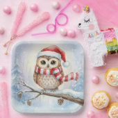 Watercolor Christmas Owl In a Santa Hat Pappteller (Party)