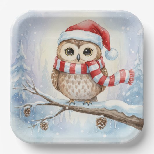 Watercolor Christmas Owl In a Santa Hat Pappteller (Vorderseite)