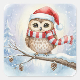 Watercolor Christmas Owl In a Santa Hat Quadratischer Aufkleber