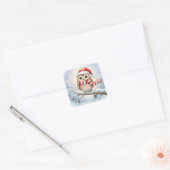 Watercolor Christmas Owl In a Santa Hat Quadratischer Aufkleber (Umschlag)