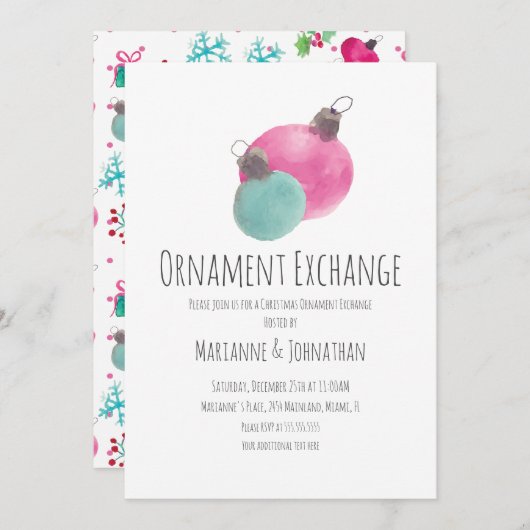 Watercolor Christmas Party Ornaments Exchange Einladung (Vorne/Hinten)