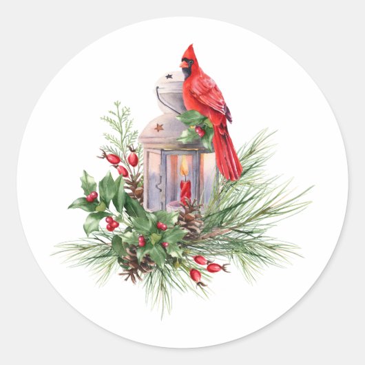 Watercolor Christmas Red Cardinal and Berries Runder Aufkleber (Vorderseite)