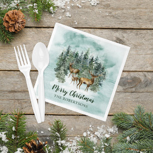Watercolor Christmas Rustic Forest Woodland Deer Serviette