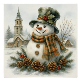 Watercolor Christmas Snowman Cozy Winter Holiday  Poster