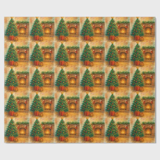 Watercolor Christmas Tree & Cozy Fireplace Holiday Geschenkpapier (Flach)