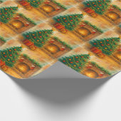 Watercolor Christmas Tree & Cozy Fireplace Holiday Geschenkpapier (Ecke)