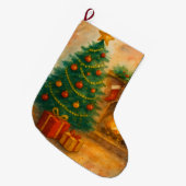 Watercolor Christmas Tree & Cozy Fireplace Holiday Großer Weihnachtsstrumpf (Vorderansicht (hängend))